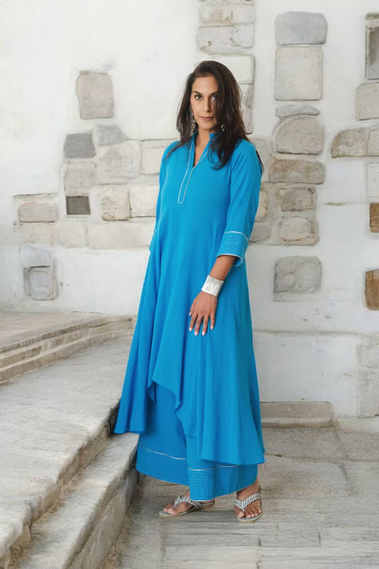 ADAARA Asymmetrical Hem Azure Blue Kurta Set Mala Singh