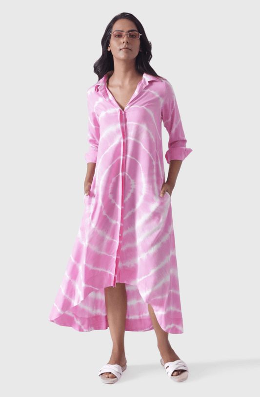 VINESSA Pink Circle Tie Dye High Low Shirt Dress Mala Singh