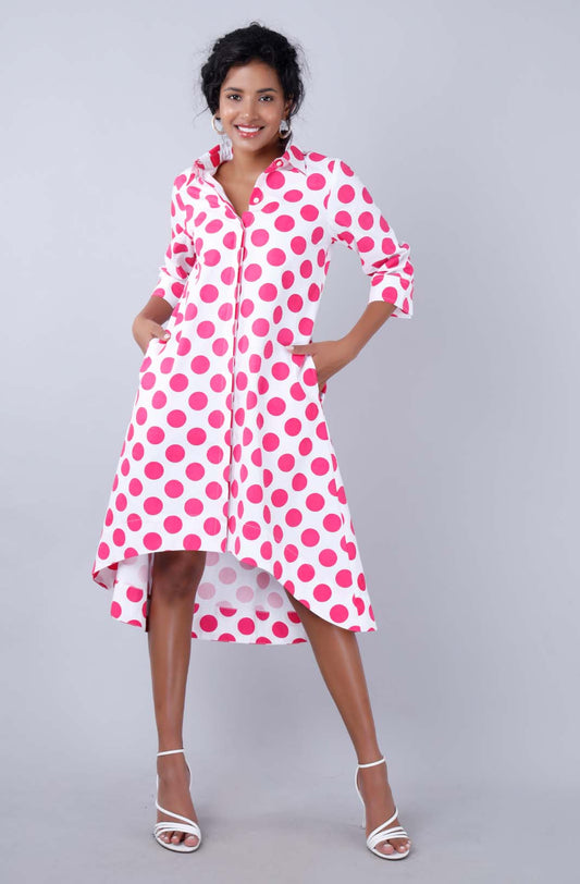 MELODY Fuchsia Polka Dot Print Shirt Dress Mala Singh