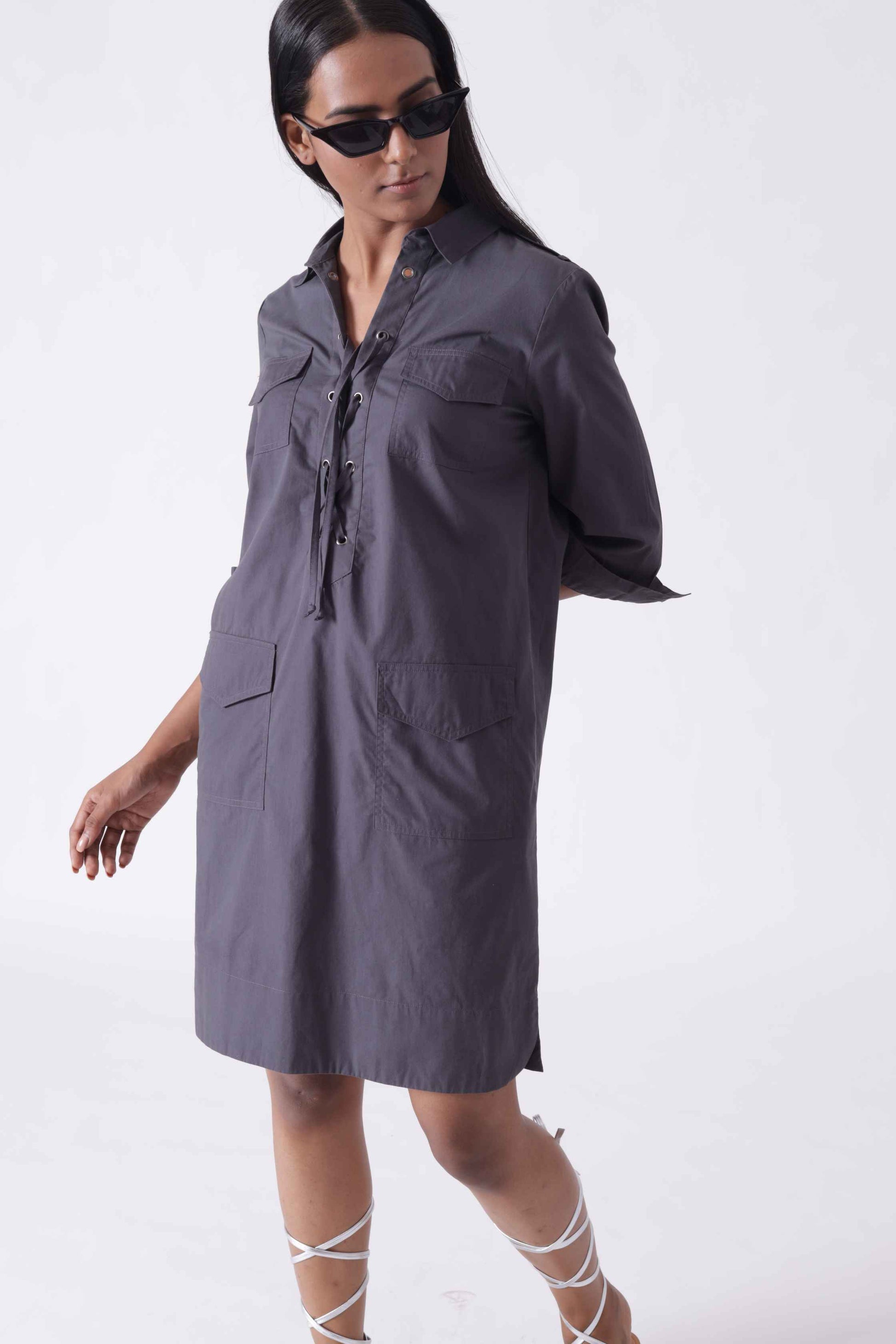 LILLE Grey Midi Shirt Dress Mala Singh