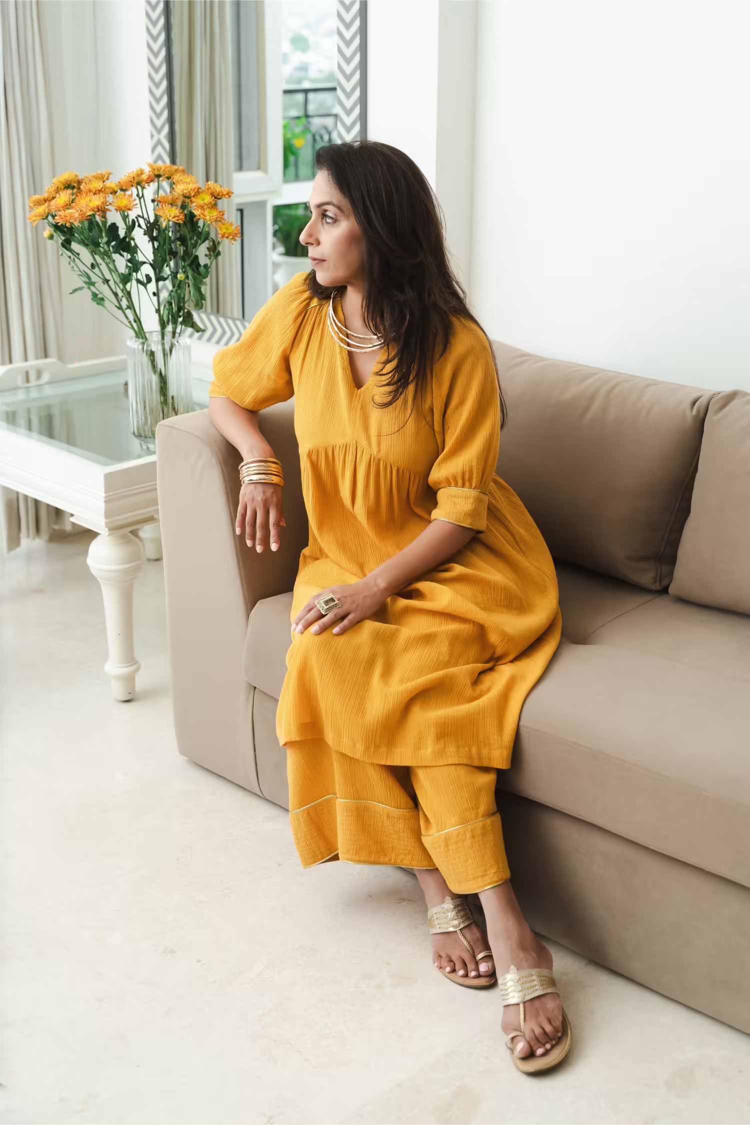 ZEEYA Crisscross Back Ochre Kurta Set Mala Singh