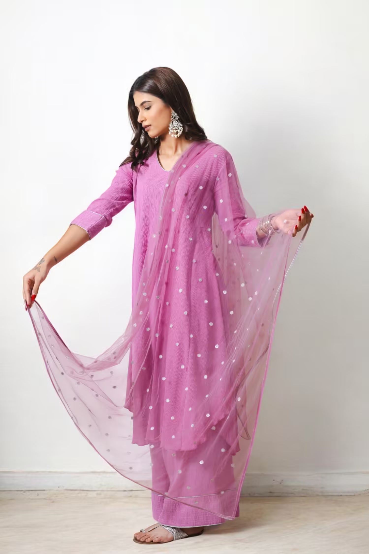 AIZAA U-Hem Long Rose Kurta Set Mala Singh