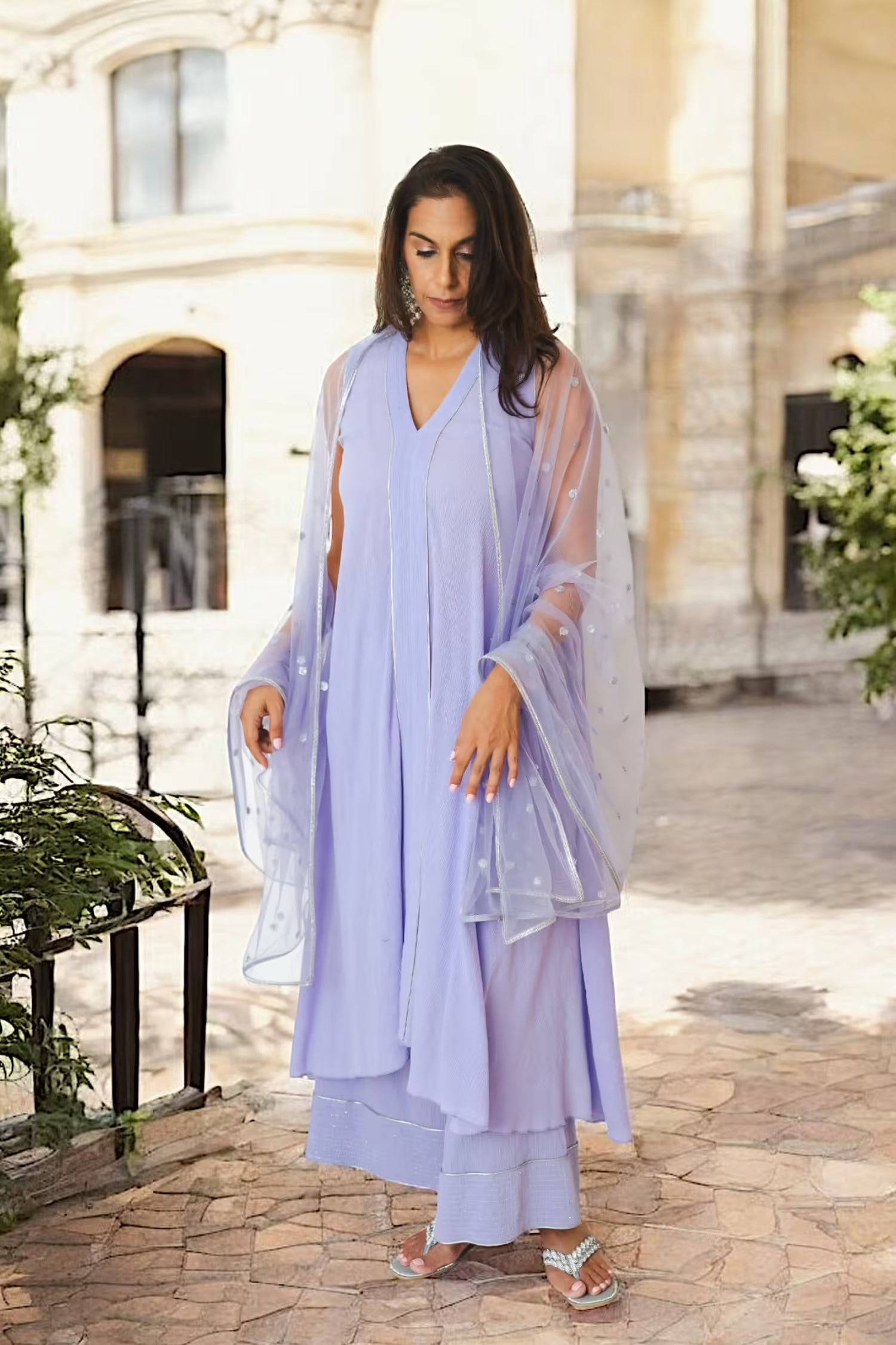 ZAINAB V-Neck Sleeveless Tunic Lavender Kurta Set Mala Singh