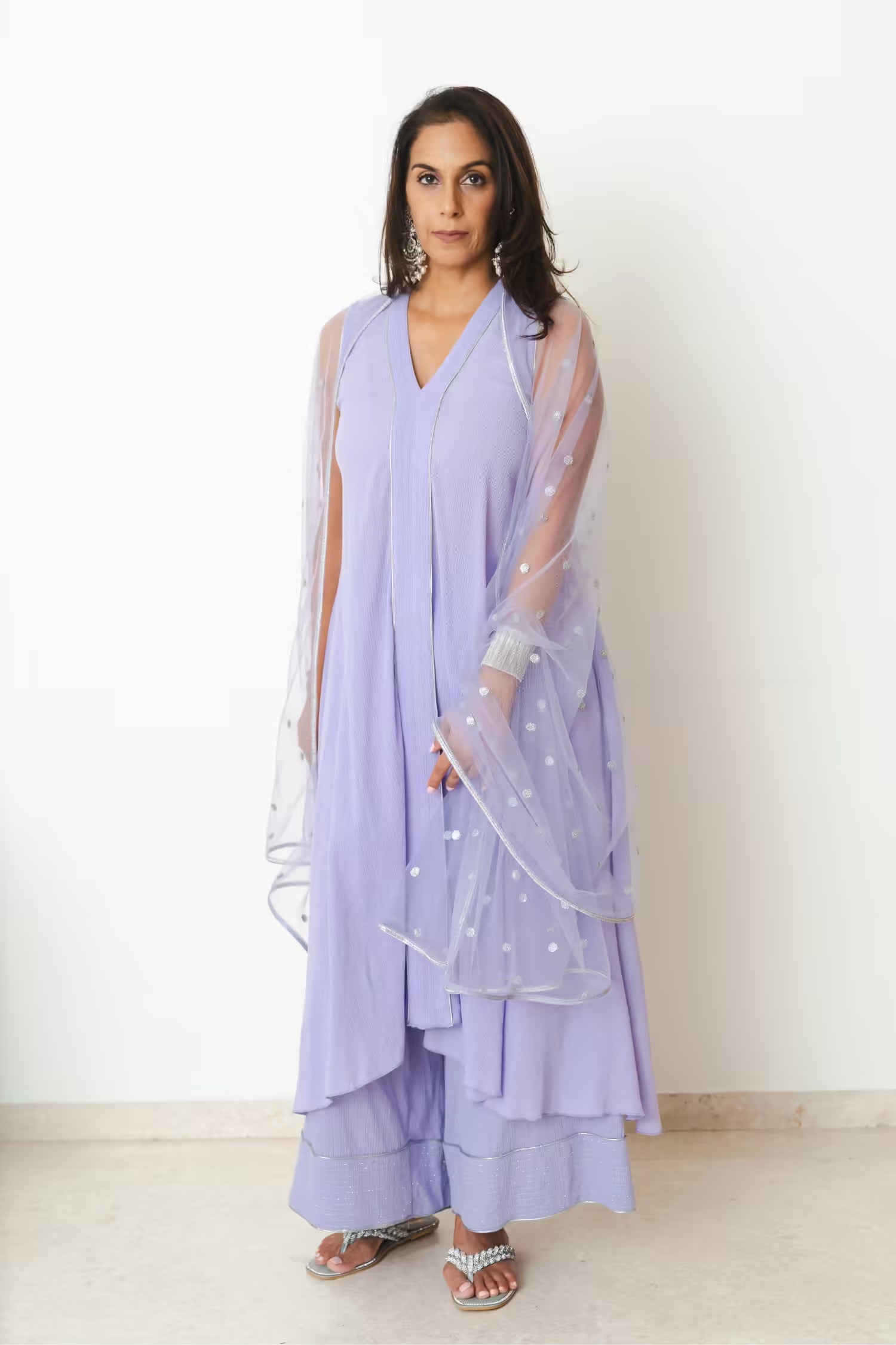 ZAINAB V-Neck Sleeveless Tunic Lavender Kurta Set Mala Singh