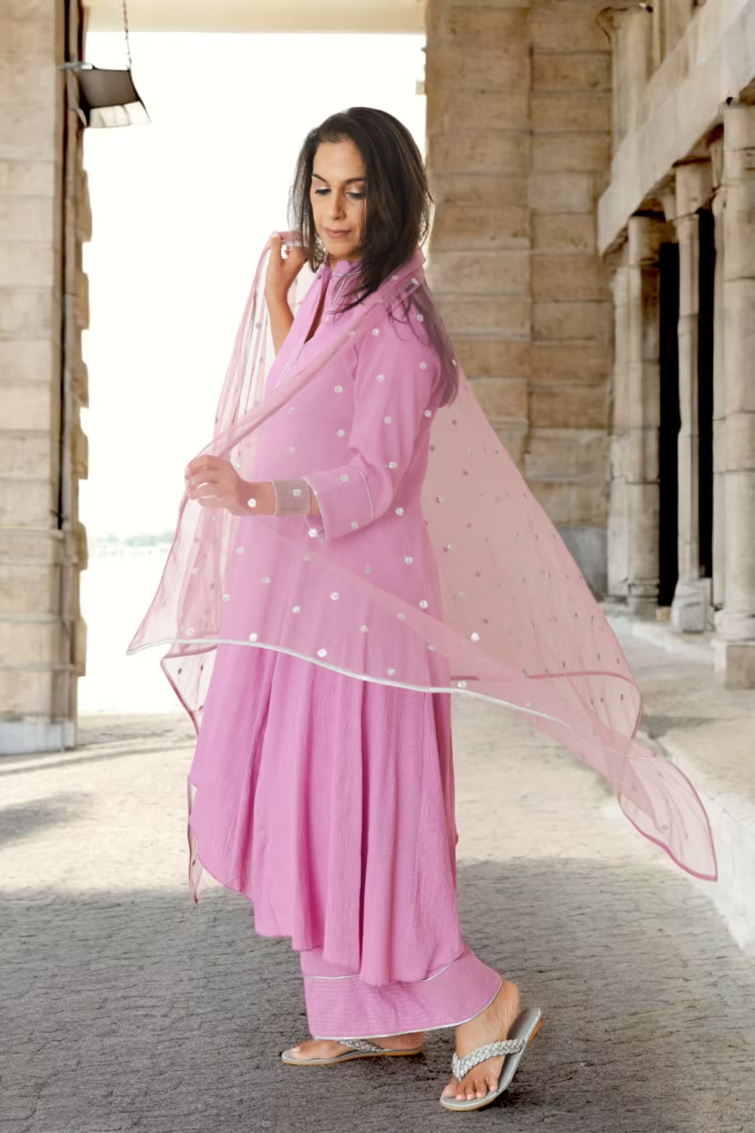 ADAARA Asymmetrical Hem Rose Kurta Set Mala Singh