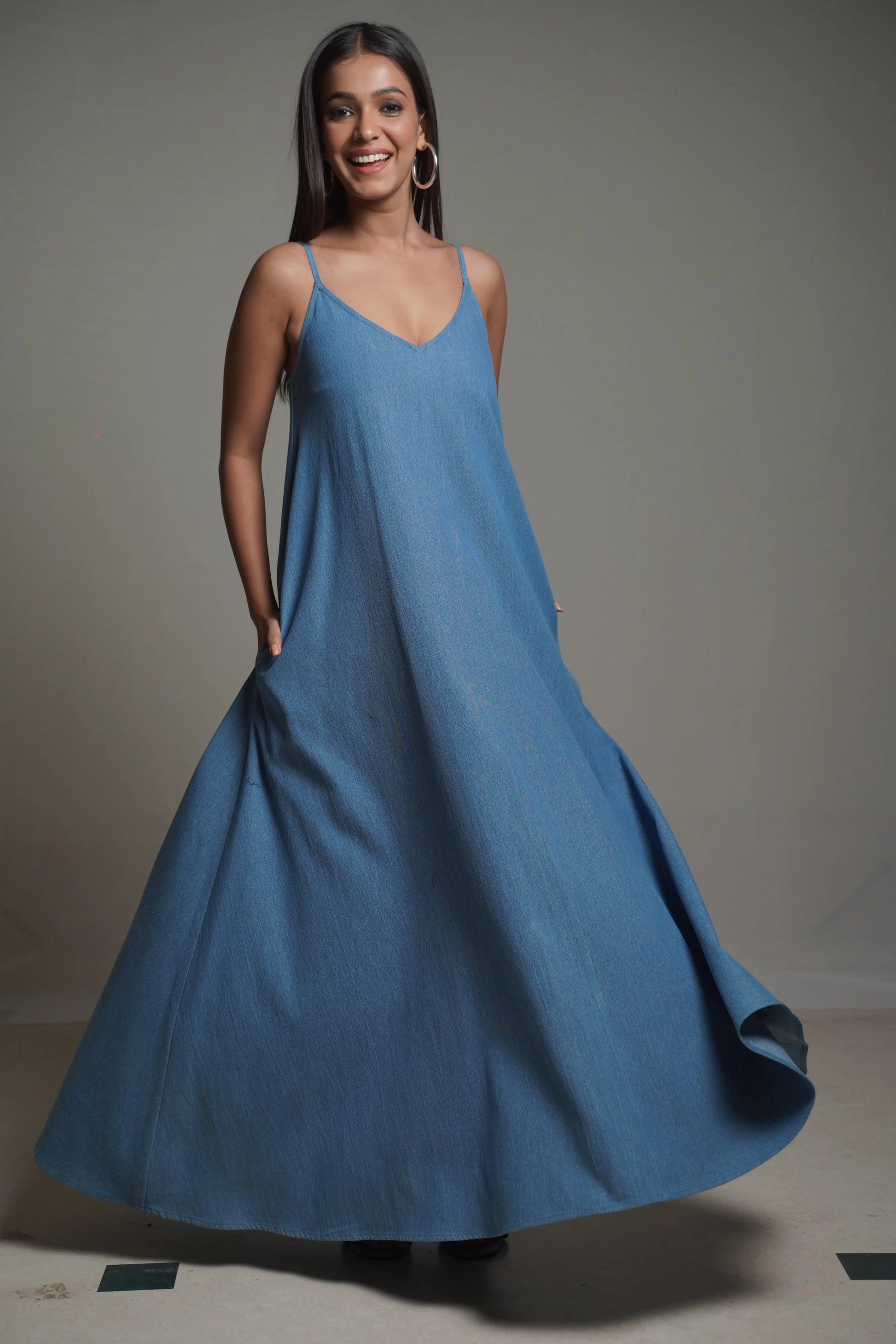 MAYA Medium Blue Denim Maxi Dress Mala Singh