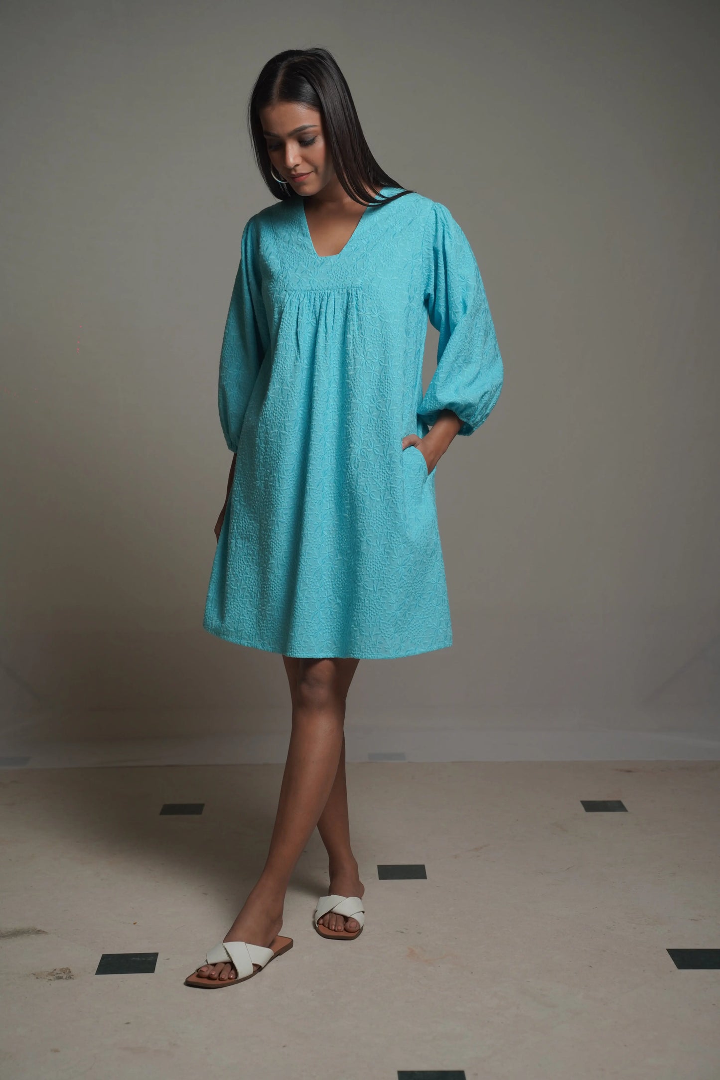 Summer Shift  Embroidered Turquoise Dress Mala Singh