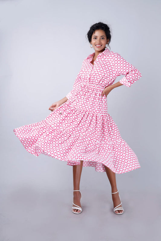 NYLA Boho Shirtdress Pink-White Moroccan Print Mala Singh